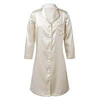 Big Girls One-Piece Silk Satin Long Sleeves Button Nightshirts Knee Length Shirt Sleepwear Nightdress Loungewear