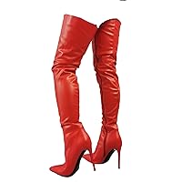 Frankie Hsu Sexy Red Stiletto Pointed Toe Over The Knee Boot, Fashion Classic Thigh High Style, Large Big Size Side Zip Kitten Heels Above The Knee High Boots For Women