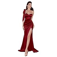 WPPUPP Women's One Shoulder Satin Prom Dress Mermaid 2024 Sweetheart Floor Length Drawstring High Split Formal Evening Gown