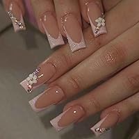 Foccna 3D Flower Fake Nails Square Pink French Press on Nails Long Bling Glossy Rhinestone False Nail Tips Artificial Nails Finger Manicure for Women and Girls 24pcs