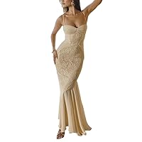 Women Sexy Lace Bodycon Maxi Dresses Sleeveless Spaghetti Strap Backless Long Dress Cocktail Partywear