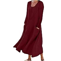 Women's Long Sleeve Dresses Cotton Linen 2023 Fashion Casual High Waist Crewneck Solid A-Line Dress with Pockets