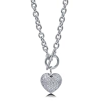 BERRICLE Rhodium Flashed Base Metal Cubic Zirconia CZ Heart Toggle Anniversary Wedding Pendant Necklace