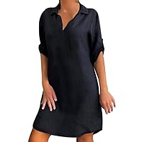 Summer Dresses for Women 2024 Casual Linen Beach Dress Vacation Solid Short Sleeve V Neck Mini Dress Fashion Spring