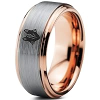 Hunter Fenrir Viking Nordic Celtic Tribal Wolf Ring - Tungsten Band 8mm - Men - Women - 18k Rose Gold Step Bevel Edge - Yellow - Grey - Blue - Black - Brushed - Polished - Wedding - Gift Dome Flat Cut