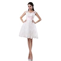Elegant Ivory Lace Knee-Length V-Neck Wedding Dress With Pink Sash
