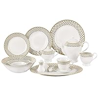 Stylish and Elegant 57 Pieces Porcelain Dinnerware Set Service for 8 People for Hosting Parties and Events - Gold with Silver Accent