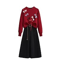 Autumn Personalized Bowknot Knitted Sweater Belt Decorative Skirt Women's Dress
