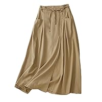A-Line Midi Long Skirt Women Cotton Vintage Elastic Waist Drawstring Split Pockets Skirt
