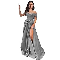 MllesReve Satin Slit Prom Dresses with Pockets Off The Shoulder Pleated Bodice Formal Evening Gown Women Long Party Dresses