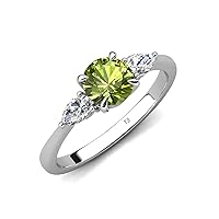 Round Peridot & Pear Shape Natural Diamond 1.50 ctw Women Three Stone Engagement Ring 14K Gold