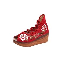 Women and Ladies Embroidery Flower Platform Wedge Shoes Sandals Red