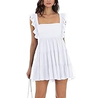Women’s Summer Square Neck Tie Back Ruffle Sleeve Tiered Casual A-Line Short Mini Dress