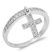 Sterling Silver Women's Clear CZ Dangle Cross Ring Cute Band 12mm Sizes 4-10
