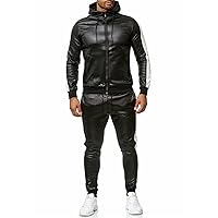Men's Genuine Sheepskin Leather Jogging Tracksuit Jacket Trousers Sports Hoodie Set ( Two Color Strips )