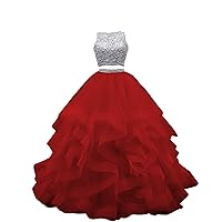 Women's Crystals Two Pieces Ball Gown Beaded Pageant Gown Long Tiered Organza Sweet 16 Quinceanera Dresses