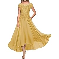 High Low Mother of The Bride Dresses for Wedding Tea Length Appliques Chiffon Scoop Wedding Guest Dresses