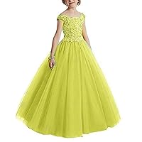 Girl's Off Shoulder Beaded Beauty Pageant Dress Cap Sleeves Ruffled Princess Ball Gown Yellow