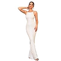 Women's Dress Backless Mermaid Hem Sequin Prom Dress (Color : White, Size : Large)