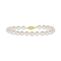 14K Yellow & White Gold AAAA Freshwater Cultured Pearl Bridal Silk-Knotted Strand Bracelet with Fishhook Clasp - Choice of Length & Pearl Size (8.00, 5.5-6mm & 14K Yellow Gold)