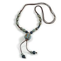 Dusty Blue/Teal Ceramic Bead Tassel Necklace with Brown Cotton Cord/Adjustable/Slight Variation In Colour/Natural Irregularities/60cm Long