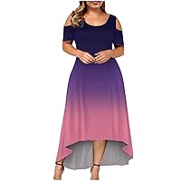 Women's Plus Size Summer Maxi Dresses Cold Shoulder Short Sleeve Casual Loose Crewneck Gradient High-Low Long Dress