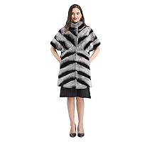 Women Genuine Rex Rabbit Fur Chinchilla Long Vest Furry Winter with Short Sleeve