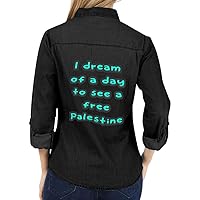 Palestine Design Women's Long Sleeve Denim Shirt - Quote Design Ladies Denim Shirt - Themed Denim Shirt