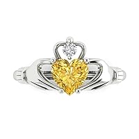 1.5ct Heart Cut Irish Celtic Claddagh Natural Yellow Citrine Engagement Promise Anniversary Bridal Ring 18K White Gold