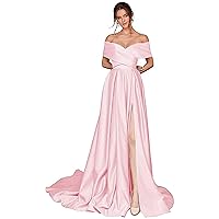 Women's Off Shoulder Satin Prom Dresses A-line Formal Evening Ball Gowns with Split Light Pink