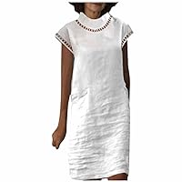 Smocked Dress Women, Floral Dresses for Women 2024 Dresses for Women V-Neck Dress Women's Summer Short Sleeve Trendy Solid Color 2024 Lace Splicing Womens Cotton Linen Loose Trendy (White,Medium)
