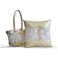 Gold & Ivory LACE Wedding Ring Bearer Pillow and Flower Girl Basket Set – Satin & Ribbons – Pairs Well with Most Dresses & Themes – Splendour Every Wedding Deserves