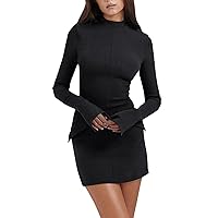 Women's Formal Dresses 2024 Trendy Knitted Dresses Casual Waisted Round Neck Long Sleeve Dresses Cocktail, S-L