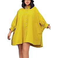 chouyatou Women's Spring Summer Button Down Shirt Dress Loose Fit Batwing Sleeve Shift Dress