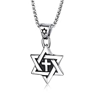 Jewish Magen Star of David Pendant Stainless Steel Cross Necklace for Men Women, 24 Inch Chain