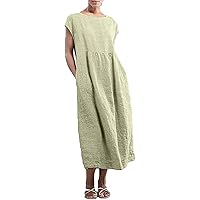 Womens Casual Dresses Summer Vintage Linen Cotton Tunic Maxi Dress with Pockets