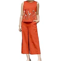 2 Piece Sets Women Embroidery Floral Sleeveless Outfits Summer Cotton Linen Tanks Tops and Wide Leg Pants Lounge Set