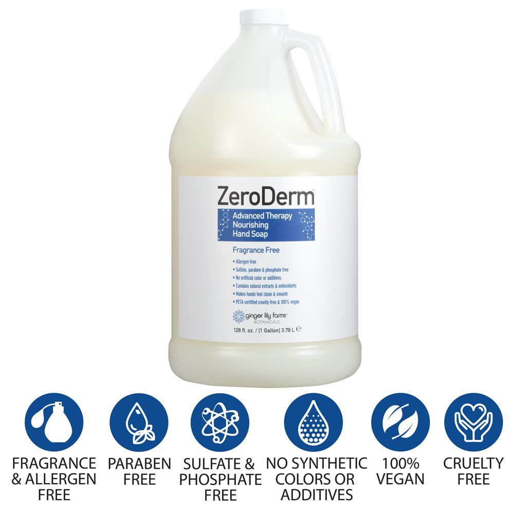 Ginger Lily Farms Botanicals ZeroDerm Advanced Therapy Nourishing Liquid Hand Soap Refill, 100% Vegan & Cruelty Free, Fragrance Free, 1 Gallon (Pack of 4)
