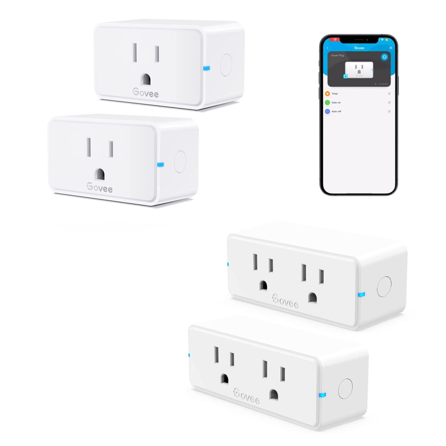 Govee Smart Plug, WiFi Bluetooth Outlets 2 Pack Work with Alexa and Google Assistant Bundle with Govee Dual Smart Plug 2 Pack, 15A WiFi Bluetooth Outlet, Work with Alexa and Google Assistant, 2-in-1