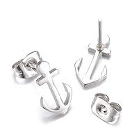 (2 Pair) Dainty Stainless Steel Anchor Earrings Post Studs Set For Women, Men & Girls -Hypoallergenic 12mm (1/2 inch)