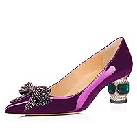 FSJ Women Pointed Toe Crystal Pump Rhinestone Bow Block Low Heel Slip On Comfy Date Party Dance Shoes Size 4-15 US