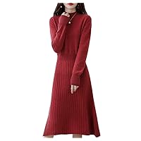 Women 100% Wool Knitted Dresses Autumn Winter O-Neck Female Long Style Jumpers Dresses