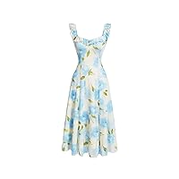 Women's Floral Print Ruffle Trim Flared Maxi Dress Sleeveless High Waist A Line Dress Summer Vocation Dress
