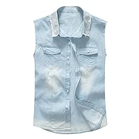 Men's Light Pale Blue Lightweight Thin Denim Vest Slim Sleeveless Casual Cotton Shirt Tank Top