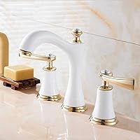 Deck Mounted 3 Holes Bath Tub Mixer Tap Vintage Retro Antique Brass Widespread 2 Handles Bathroom Basin Faucet(Color:White)