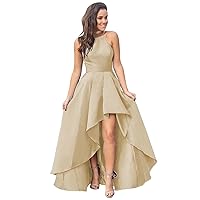 CWOAPO Halter High Low Evening Party Dress Satin Homecoming Dresses A Line Cocktail Gowns with Pockets