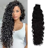 28inch Long Deep Curly Tape in Human Hair Extension Brazilian Remy Curly Hair Tapes In Skin Wefts invisible Human Hair 40pcs/Lot (28inch 40Pcs, 1(Jet Black))