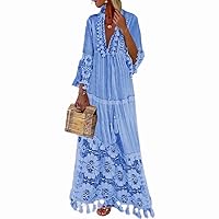 ZOCAVIA Women's Long Sleeve Boho Dress Casual Solid Color Pullover Dress Spring Loose Waist Floral Dresses S-5XL