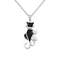 Jewelili Sterling Silver Natural White Round Diamonds Black Enamel Cat Pendant Necklace, 18