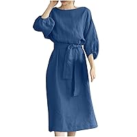 Fall Dress for Women 3/4 Sleeve Cotton and Linen Midi Dresses Ladies Baggy Casual Belted Dress Elegant Going Out Dress